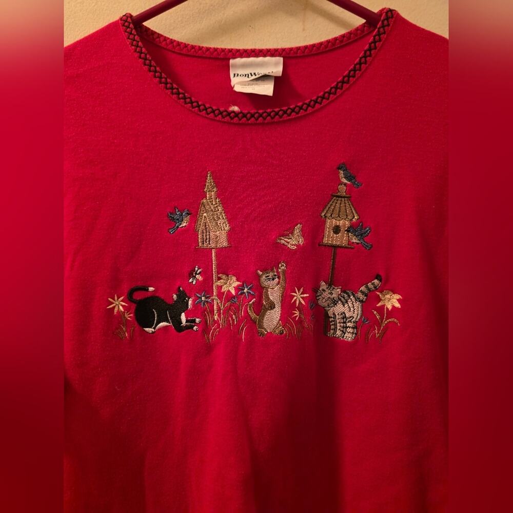 Vtg 90s Cat Kitten Floral Birds Embroidered Womens Top Red Short Sleeve